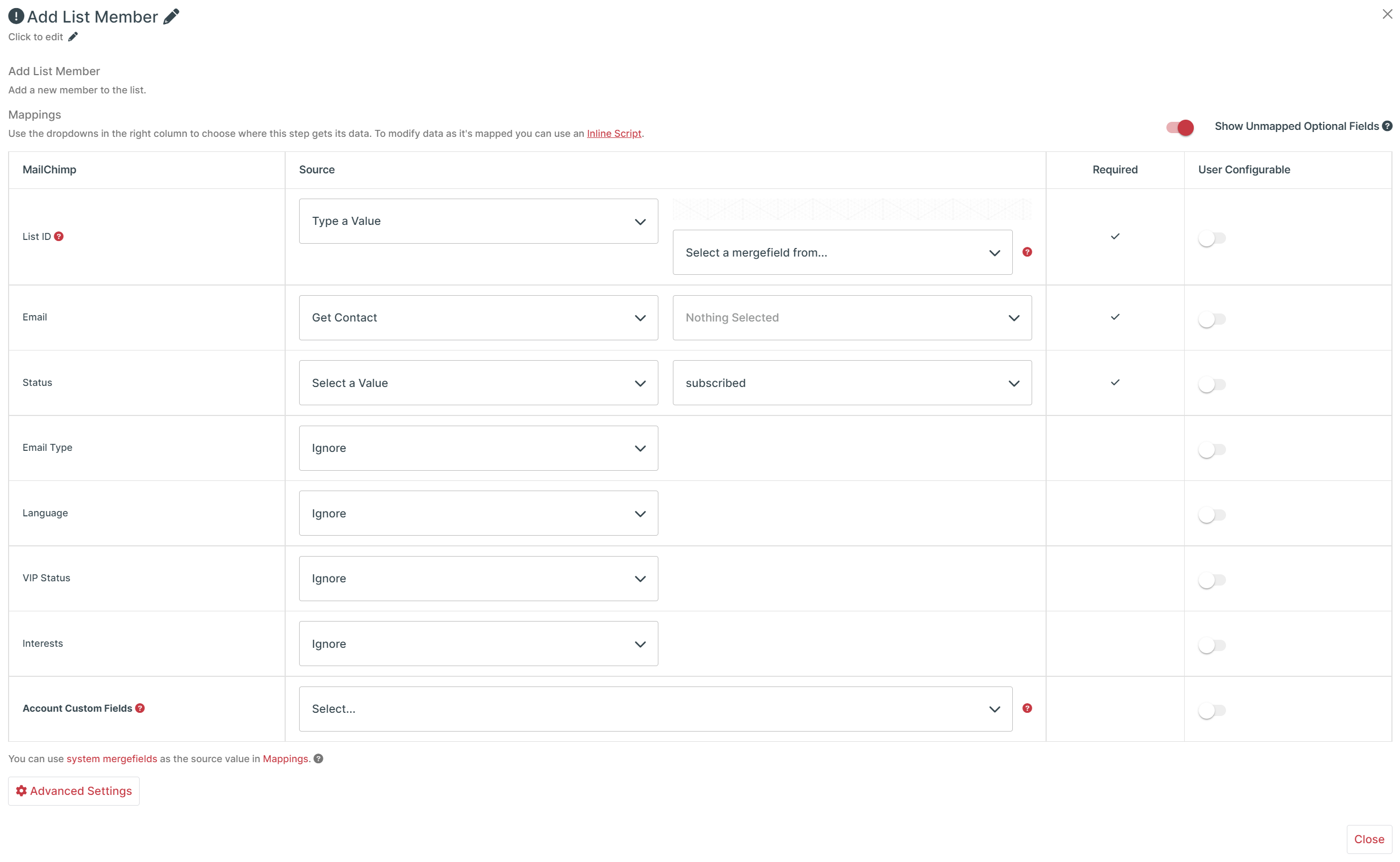 An example of the Step Setup window where you can map fields.