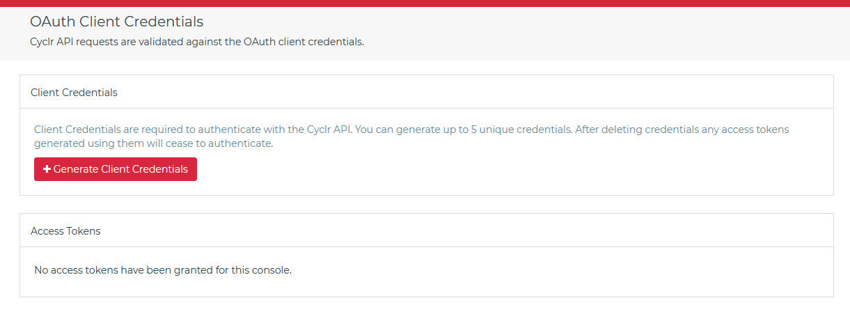 Cyclr Console OAuth Client Credentials